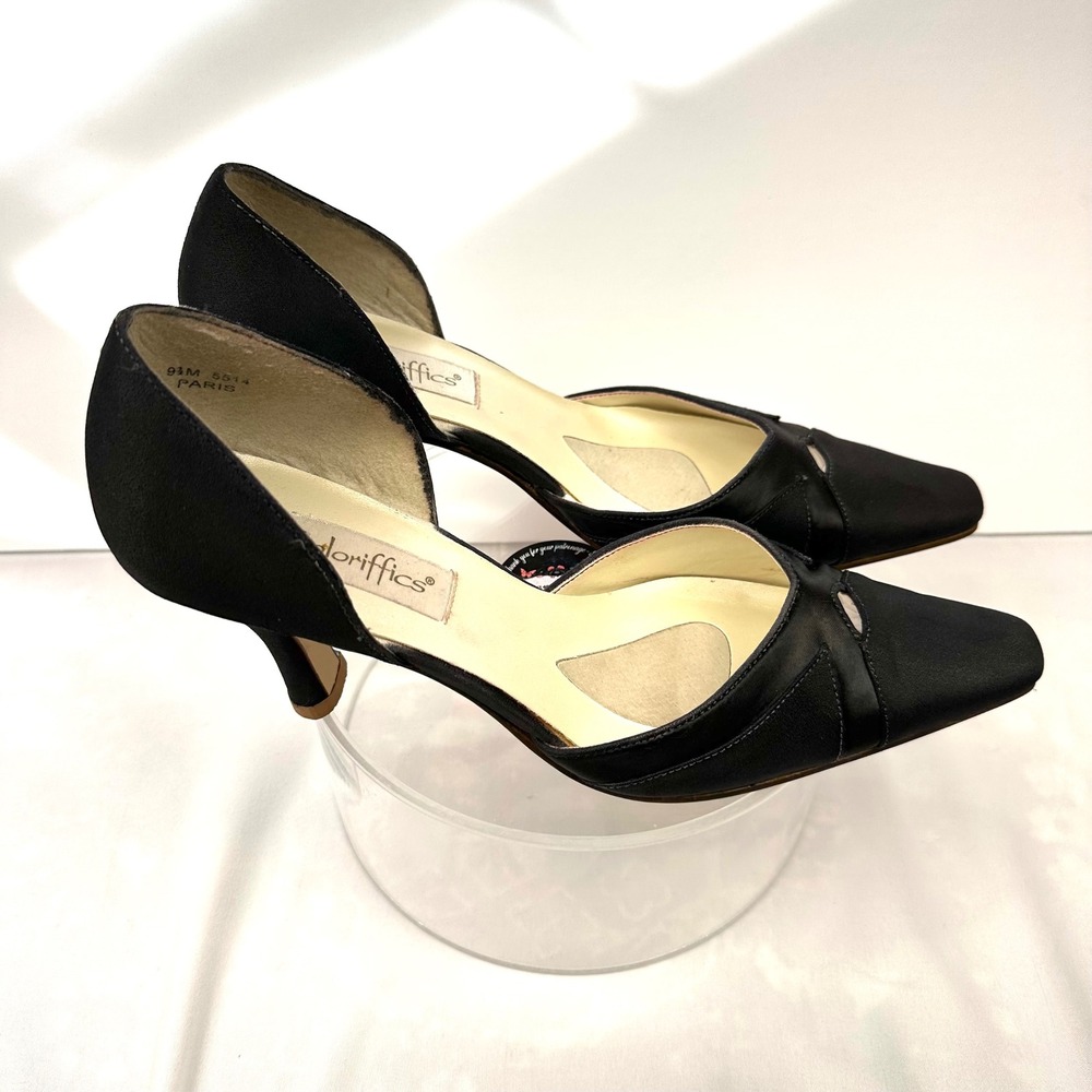 Vintage Coloriffics Black Satin d'Orsay Kitten Heels - Paris Pumps Size 9.5M